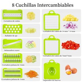 Cortador de Verduras 12 en 1, Picador de Verduras Multifuncional Mandoline Rayadores para Cocina con 6 Cuchillas de Acero Inoxidable y Contenedor, Ideal para Frutas, Verduras y Ensaladas (Blanco)