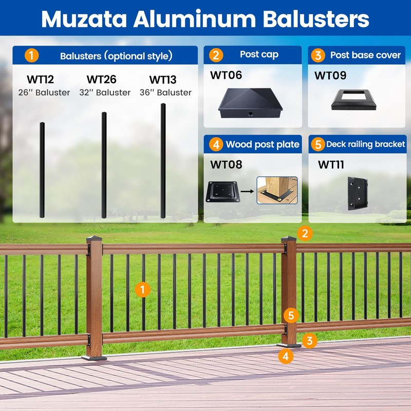 Muzata 50Pack 26" x3/4" Aluminum Deck Balusters Square Baluster Deck