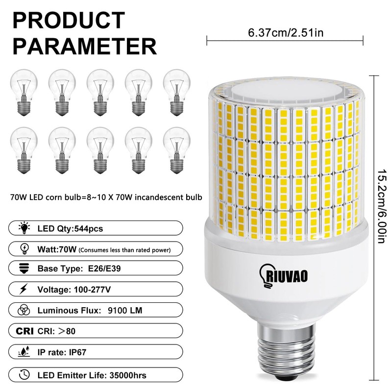 RIUVAO 70W LED Corn Light Bulb, 9100LM & Energy-Saving 80%,