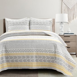 Lush Decor Hygge Geo Pattern Striped 3 Piece Quilt Bedding Set, Full/Queen, Yellow