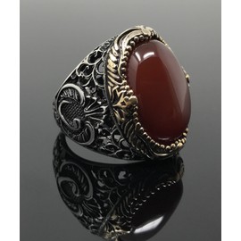 KAR 925K Stamped Sterling Silver Red Agate (Aqeeq) Men's Ring I1Q (12.75)