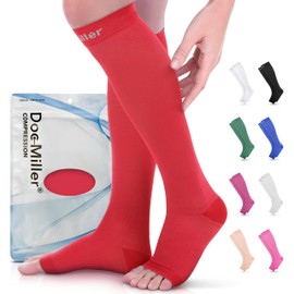 Doc Miller Open Toe Compression Socks for Women & Men 15–20 mmHg, Knee High Calf Support Sleeves, Graduated Stockings for Swelling Recovery, Circulation, 1 Pair