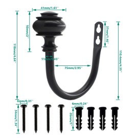 2 Pack Curtain Holdback Hooks, ULIFESTAR U-Shaped Hook Wall Mounted Curtain Tieback Hook,Decorative Window Curtain Holdbacks for Drapes Metal Curtain Holder Curtain Accessories Round Black