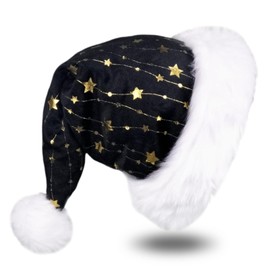 Lauzimi Black Sequins Santa Hat, Gold Star Plush Holiday Hats for Women, Comfortable Velvet Christmas Hat for New Year's Eve and Parties Decoration, Soft Xmas Hat for Adults Men