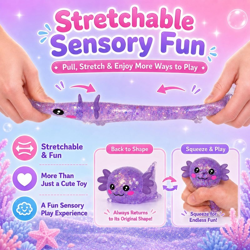 Asgzed Axolotl Squishy Stress Relief Toy Cute Glitter Squishy Axolotl