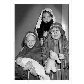 Nativity Play, a 127 x 175mm Alternative Image winter themed Christmas card featuring a vintage black and white photo, message inside says Happy Christmas