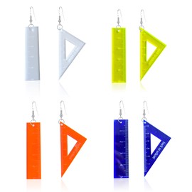 Seakuur 4 Pairs Asymmetrical Triangle Straight Ruler Earrings Dangle Earrings Blue Drop Earrings Math Teacher Jewelry Gift 80s Party Favors Set (4 Pairs- White+Yellow+Orange+Blue)