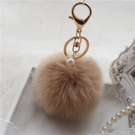 Shining crown Pom Pom KeyChain Fluffy Fur Ball Pearl Keyring Pendant Accessory Charm for Women Handbag Car Key with Gift Box, Light Coffee Gold Buckle