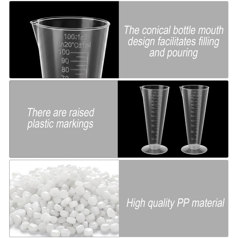 2 Pack 100ml Measuring Cup, Clear Plastic Cone Round Base