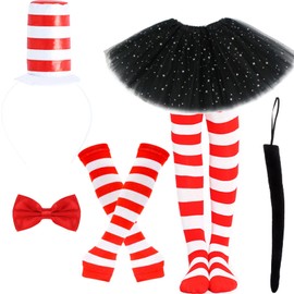 6 Pieces Kids Cat Costume Accessories Set Tulle Tutu Skirt Cat Headband Tail Bowtie Striped Tights Full Length Stocking Parade Gloves for Party Supply(1) Black