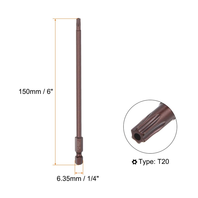 HARFINGTON 2pcs T20 Torx Bit 1/4" Hex Shank 6" Length
