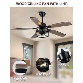 52 inch Farmhouse Ceiling Fan with Lights and Remote Control, Black Ceiling Fan with 6 speeds 3 timing, Caged Ceiling Fans for Bedroom Living Room Kitchen