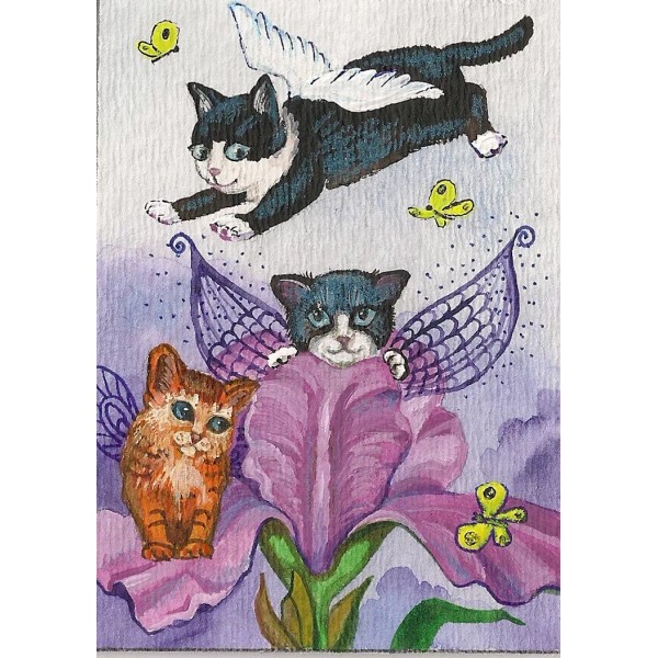 PRINT OF ACEO PAINTING RYTA TUXEDO BLACK CAT FAIRY GARDEN
