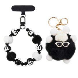 FANEVER Cute Phone Lanyard Wrist Strap Tether Tab & Plush Pompom Key Chain Beaded Keychain Bag Charm for Women (Black03)