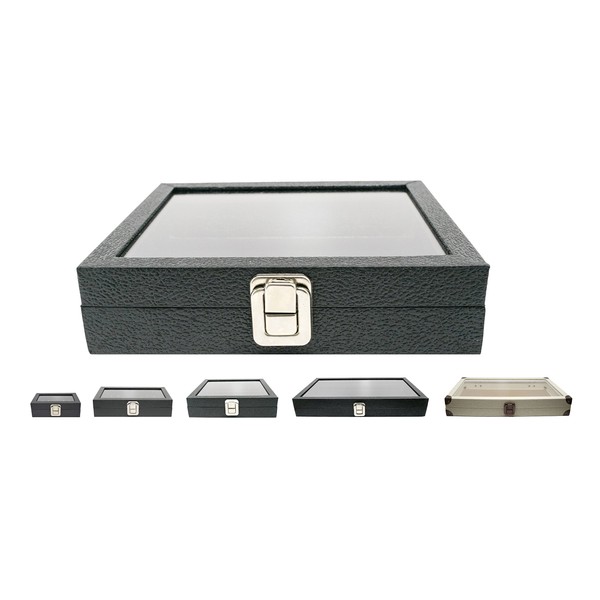 Novel Box Half-Size Glass Top Black Leatherette Metal Clasp Jewelry Display Case 8.25X7.25X2 + Custom NB Pouch