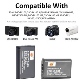 DSTE 2PCS NP-BX1 Battery + Dual USB Charger Compatible with Sony ZV-1 DSC-HX80 HX95 HX99 HX350 HX50 HX60 HX300 HX400 HX90V RX100 WX350 WX500 HDR-GW66V GWP88 CX240 AS30V RX100IV DSC-RX100 VII Camera