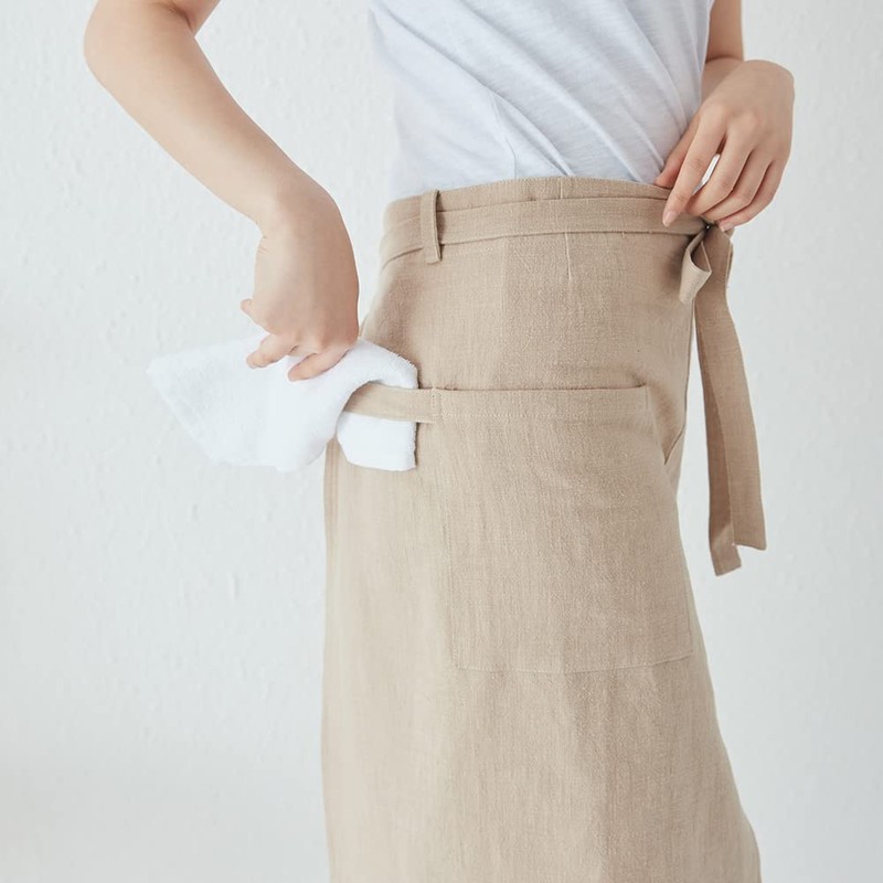 JOYAIYI Apron, Cafe Style, 2 Pockets, Natural Linen, Simple, Unisex,
