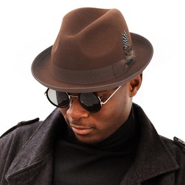 Ruphedy Wool Fedora Hats for Men Women Short Brim Felt Bowler Hat with Feathers（B5070-Brown-XL）