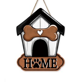 Bolisom Doghouse Front Door Sign, Bone Paw Print Wood Hanger Outdoor Outside Porch Home Decor, Farmhouse Wooden Wreath Indoor Wall Hanging Decoration Pet Owner Lover Gift