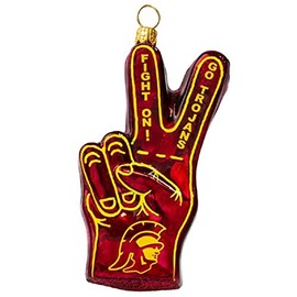 Joy To The World USC Trojans Red Victory Sign Fingers Polish Glass Christmas Ornament