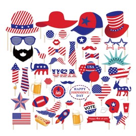 44 Pieces American Independence Day Photo Booth Props 4th of July Photo Booth Props Kit Mask, Hat, Mustache, Glasses, Lipstick Photo Booth Props for USA Lab Day Memorial Day
