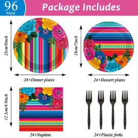 96 Pcs Mexican Fiesta Party Supplies Mexican Theme Plates Napkins Cinco De Mayo Tableware Set Mexican Floral Stripes Dinnerware for Happy Birthday Taco Weddings Baby Shower Party Favors Decorations