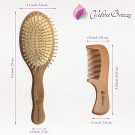 VelvetBreeze - Natural Bamboo Hair Brush with Wooden Bristles and Peach Wood Comb Set - For Women's All Types of Hair - Improve Your Hair Growth - Massage Scalp For Strong Hair
