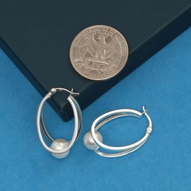 LeCalla 925 Sterling Silver Jewelry Pearl Oval Hoop Earrings for Women
