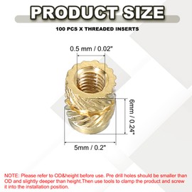 PATIKIL M3 Threaded Inserts M3x6x5mm, 100 Pcs Brass Heat Set Insert Female Threaded Inserts Metric Knurled Nuts Embedment Nut for Plastic and 3D Printing Components, Gold