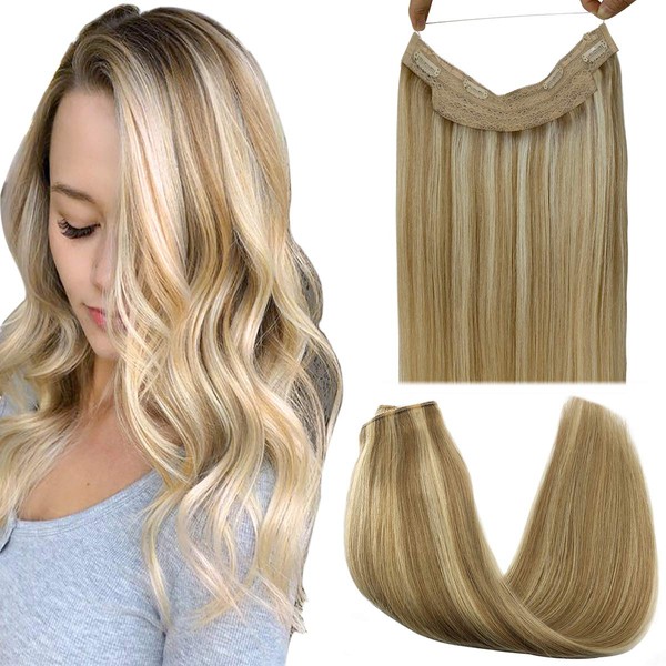 GOO GOO Real Hair Extensions Halo Hair Ombre Light Blonde Highlighted Golden Blonde 100g Remy Human Hair Extensions Flip in Hidden Crown Wire Hair Extensions Invisible Hairpiece 20 Inch