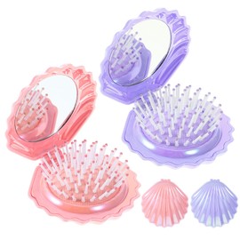 KFHENSOMR Foldable Travel Hair Brushes with Mirror, 2pcs Compact Size Hair Massage Comb, Shell Shape Pocket Makeup Mirror, Conch Folding Hairs Brush for Women Girls Wet and Dry Hairs (2 Colors)
