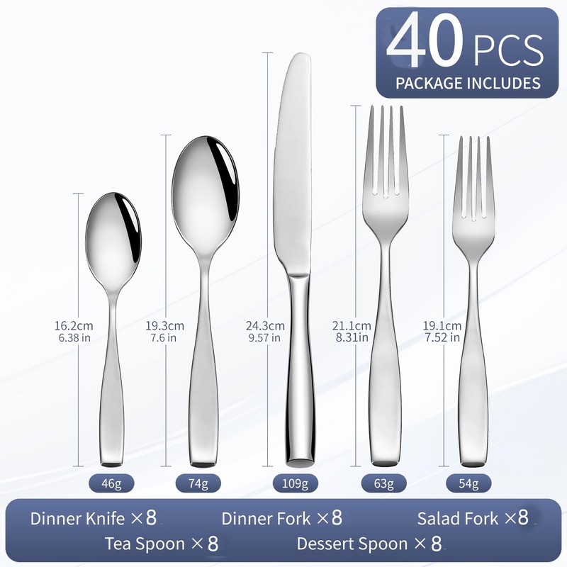40 Piece Stainless Flatware Sets for 8, 18/10 Heavy Stainless