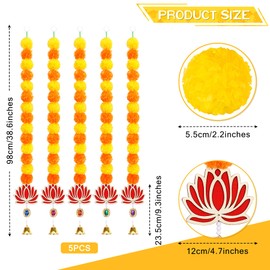 5PCS Artificial Marigold Garland with Lotus and Bell for Diwali Decoration, Artificial Flowers Long Strands for Indian Wedding/Pooja/Christmas Party, Home Decoration for Wall Door Mantel