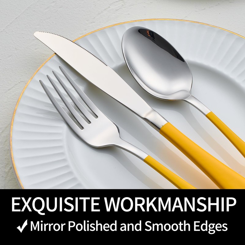 DINYWOW 20-Pieces yellow Silverware Sets for 4,Blue Handle Stainless Steel
