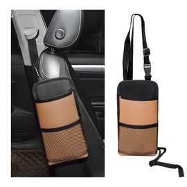 Yourkar 2 in 1 Large Cup Holder, Multifunctional Car Water Bottle Holder Bag with Adjustable Strap, Vehicle Seat Side Storage Hanging Bag with Mesh Pocket, Car Accessories (Khaki)