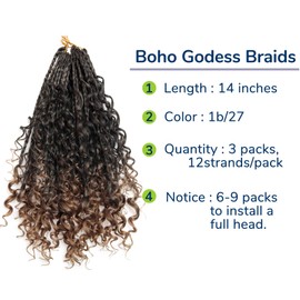 3 Packs Goddess Box Braids Crochet Hair With Curly Ends 14 Inches Boho Braids Crochet Hair for Black Women (1b/27, 14" - 3 Packs)