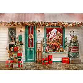 Aoihrraan 3x2,5m Christmas Shop Backdrop Xmas Gifts Store Window Outdoor New Year Photography Background Festival Family Party Decoration Banner Boys Girls Kids Adults Portrait Photo Studio Props