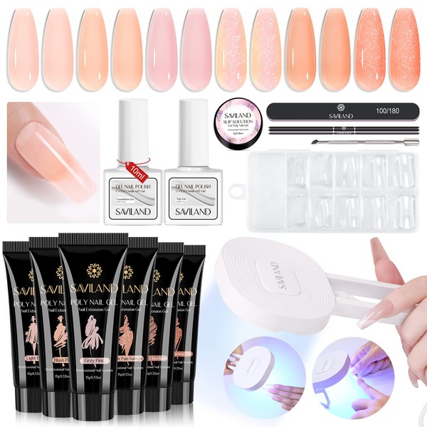 Saviland Poly Gel - Long-lasting 6 Colors Poly Gel Nail Kits Full Set for Beginners | Easy to Spread | U V Lamp | Slip Solution | Base&Top Gel | Dual Nail Form | Nail Extension | Gift for Women, Set C