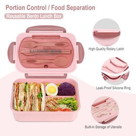 NatraProw Bento Box for Adult, 1200 ML Lunch Containers for Adults, LeakProof Lunch Box with Utensils, BPA Free, 3 Compartment Bento Box Microwave Safe, Pink