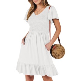 ANRABESS Women's Summer Casual Beach Mini Dress Smocked V Neck Flutter Sleeve Cute Boho Short Dresses 2025 Trendy White Large