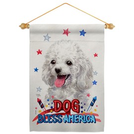 Breeze Decor Patriotic White Poodle Garden Flag Set Wood Dowel Dog Puppy Spoiled Paw Canine Fur Pet Nature Farm Animal Creature House Banner Small Yard Gift Double-Sided, Made in USA
