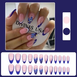 Press on Nails Medium Almond False Nails Butterfly Fake Nails with Designs Blue White French Tip Acrylic Nails Glue on Full Cover Artificial Nail Supplies Stick on Nails for Women 24 Pcs