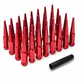 LUJIANI 32PCS M14x2.0 Spike Lug Nuts with 1 Socket Key，Solid 4.4" Tall Acorn 14mmx2.0 Wheel Accessories Parts，Red Spline Spike Lug Nut Compatible with 1994-2014 Ford F150, Ford 2000-2018 Expedition