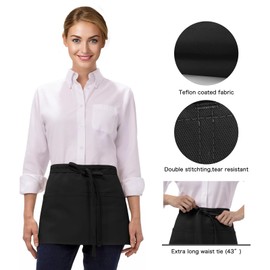 BOHARERS 3 Pockets Waitress Apron 12 Pack Cotton Server Apron Black Half Aprons for Men & Women Waterproof and Oil Proof
