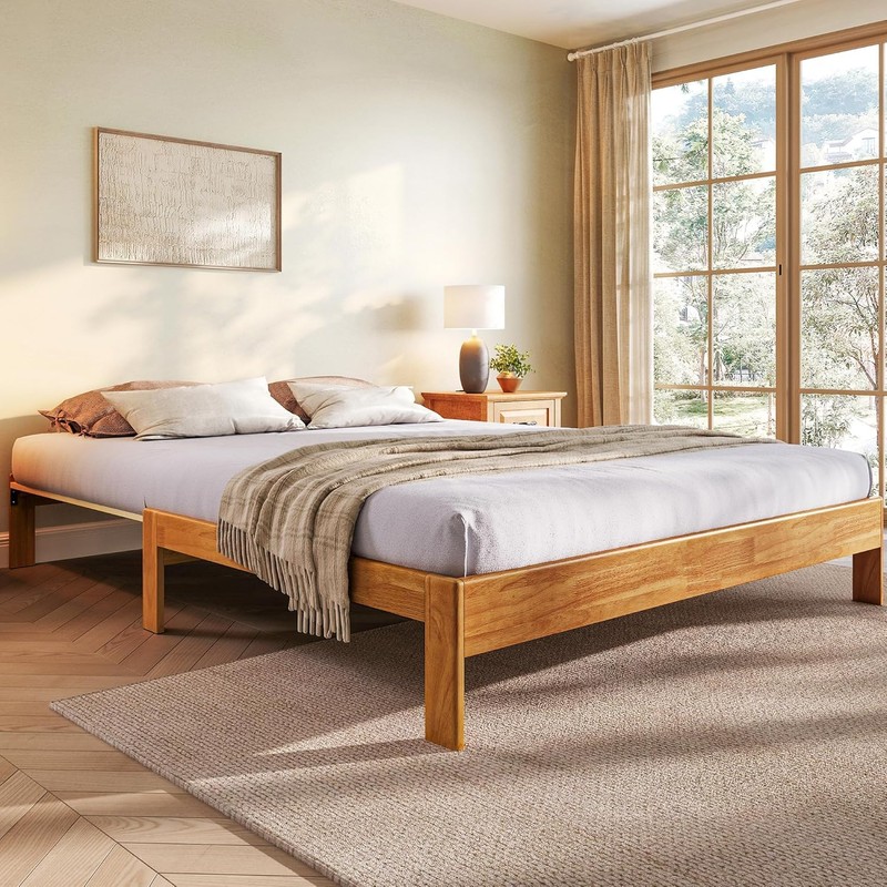 LINSY Wood Bed Frame Full Platform Bed, Retractable Bedframe with