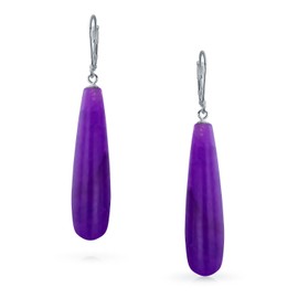 Simple Purple Quartz Amethyst Color Gemstone Elongated Teardrop Lever Back Dangle Earrings For Women .925 Sterling Silver