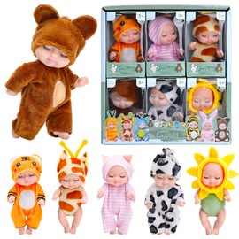 Barwa 6 Pcs 3 Inches Mini Reborn Baby Doll Toy Action Figures Tiny Lifelike Realistic Baby Dolls with Animal Clothes Fun Ornament Small Baby Doll for Toddlers Kids Xmas Gift