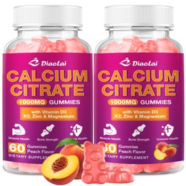 2 Pack Calcium Citrate Gummies - 1000mg per Serving - Supports Bone & Teeth Health with Vitamin D3 & K2 - Delicious Peach Flavor - Non-GMO, Gluten-Free - 120 Gummies