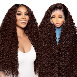 LZGYE Brown Curly Wig Human Hair 220% Density 13x6 Water Wave Lace Front Wigs Chocolate Brown Deep Wave Wig With Baby Hair Brown Human Hair Wig 13x6 Pre Plucked Wet and Wavy Wigs For Women 24 Inch