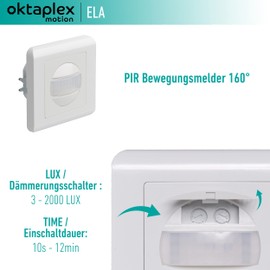 Oktaplex Ela Set of 2 Motion Detectors Flush-Mounted 160° Infrared Sensor 9 m Range 230 V Cavity Wall Socket White with Twilight Sensor